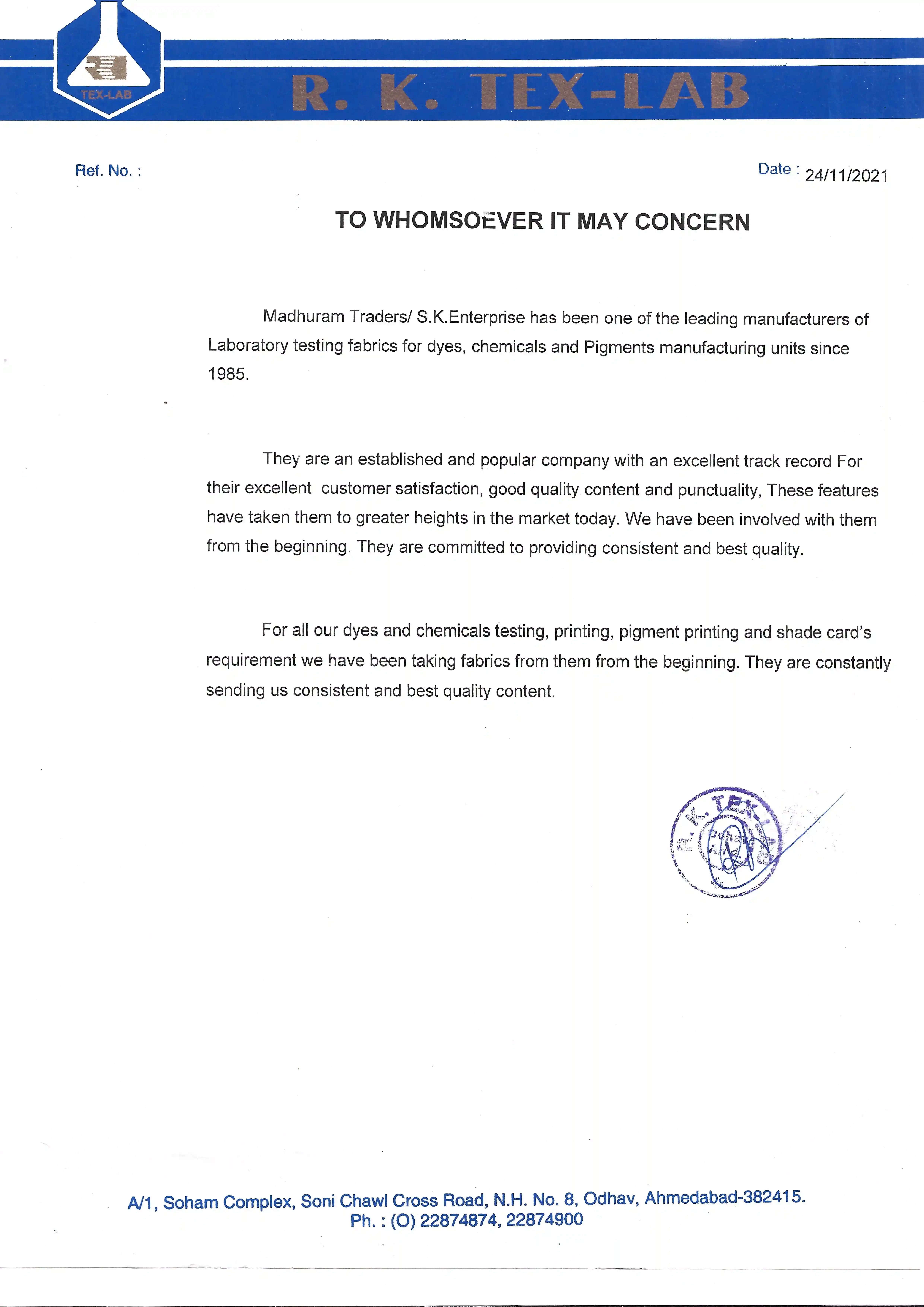 Letter from R K TEX LAB - S.K.Enterprise